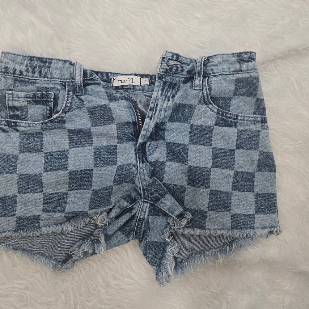 Rue21 Womens Blue Checkered‎ Denim Shorts High Waisted Frayed Hem Size 1